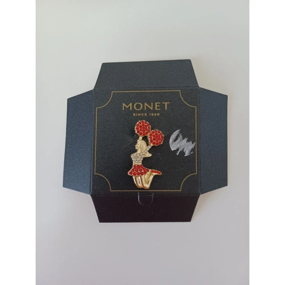 Monet Cheerleader Brooch Pin Red White Rhinestones Goldtone‎